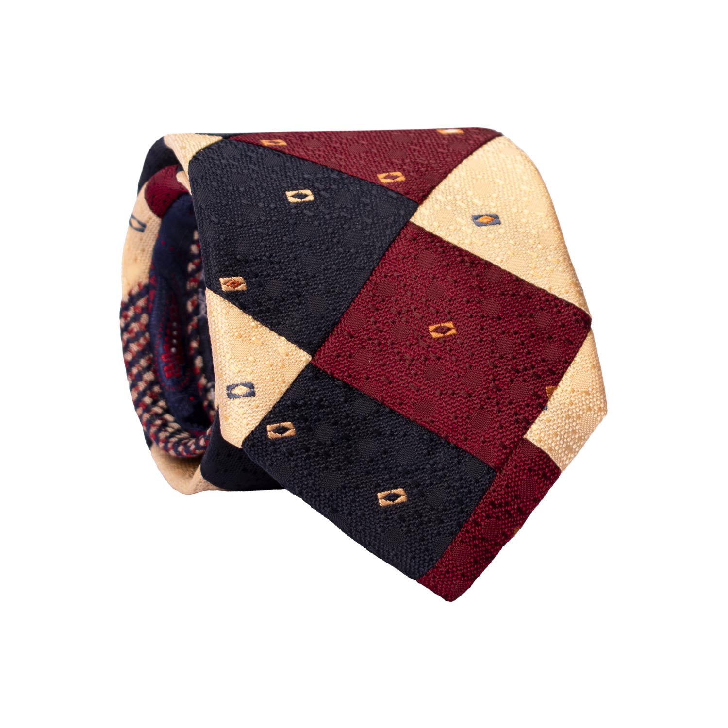 Cravatta-Mosaico-Patchwork-di-Seta-Blu-Bordeaux-Color-Champagne-Fantasia- PM983
Rotolo