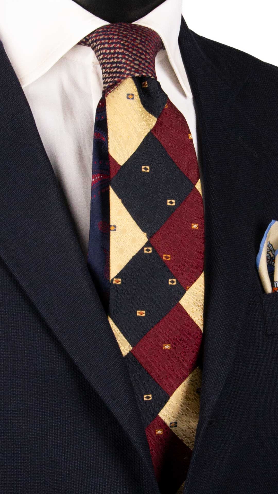 Cravatta-Mosaico-Patchwork-di-Seta-Blu-Bordeaux-Color-Champagne-Fantasia- PM983