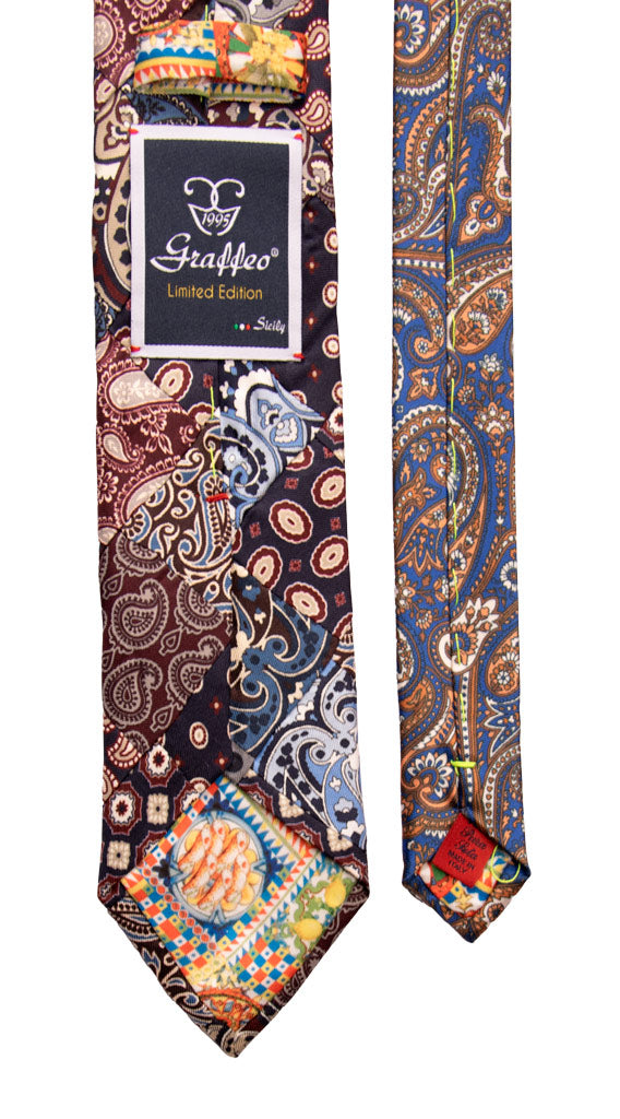 Cravatta Mosaico Patchwork di Seta Blu Bordeaux Fantasia Multicolor Made in Italy graffeo Cravatte Pala