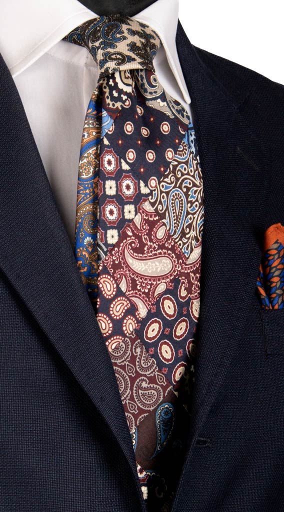 Cravatta Mosaico Patchwork di Seta Blu Bordeaux Fantasia Multicolor Made in Italy Graffeo Cravatte