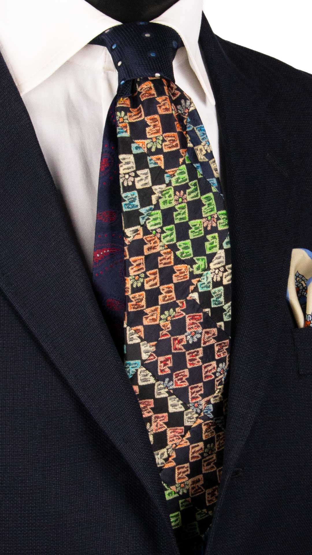 Cravatta-Mosaico-Patchwork-di-Seta-Blu-Fantasia-Multicolor- PM939
