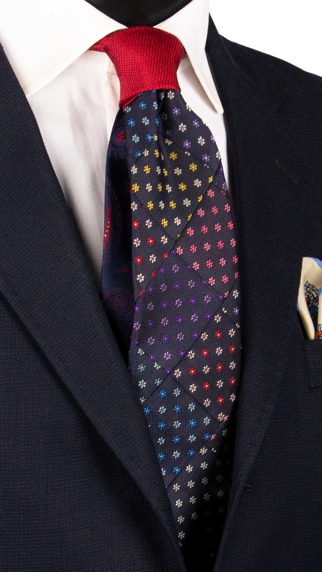 Cravatta-Mosaico-Patchwork-di-Seta-Blu-a-Fiori-Multicolor- PM914