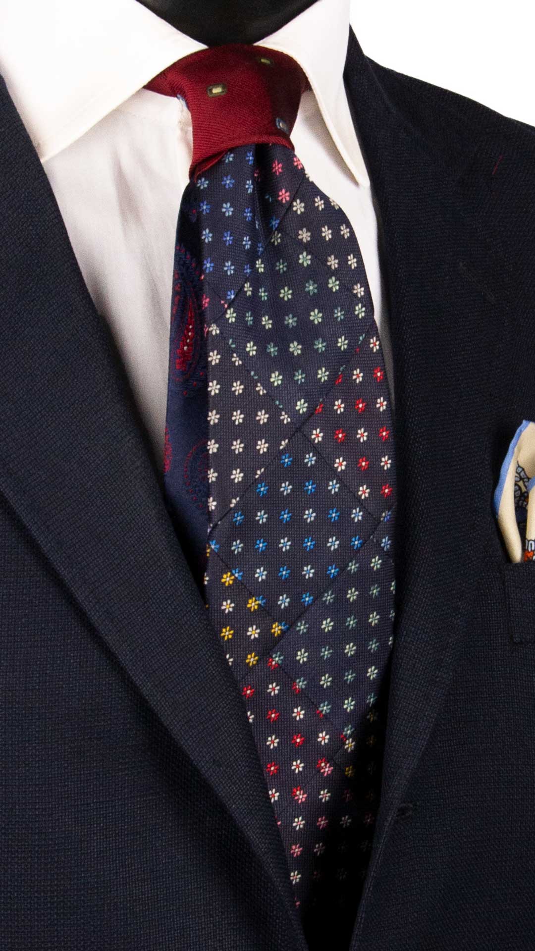 Cravatta-Mosaico-Patchwork-di-Seta-Blu-a-Fiori-Multicolor- PM953