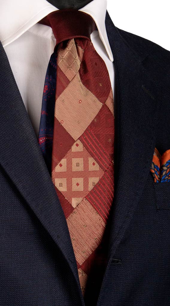 Cravatta Mosaico Patchwork di Seta Bordeaux Beige Fantasia Made in Italy Graffeo Cravatte