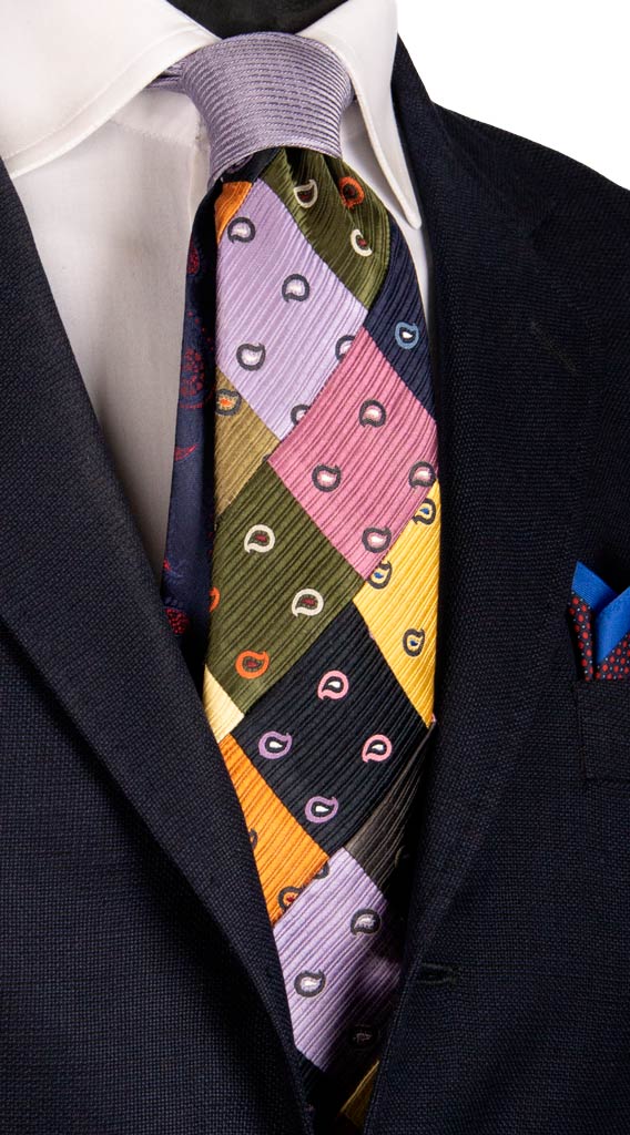 Cravatta Mosaico Patchwork di Seta Fantasia Paisley Multicolor Made in Italy Graffeo Cravatte