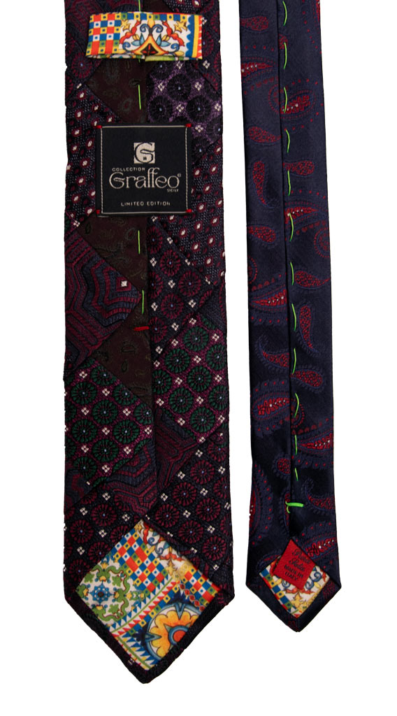Cravatta Mosaico Patchwork di Seta Jaspè Blu Viola Fantasia PM785 Graffeo Cravatte Made in Italy Pala