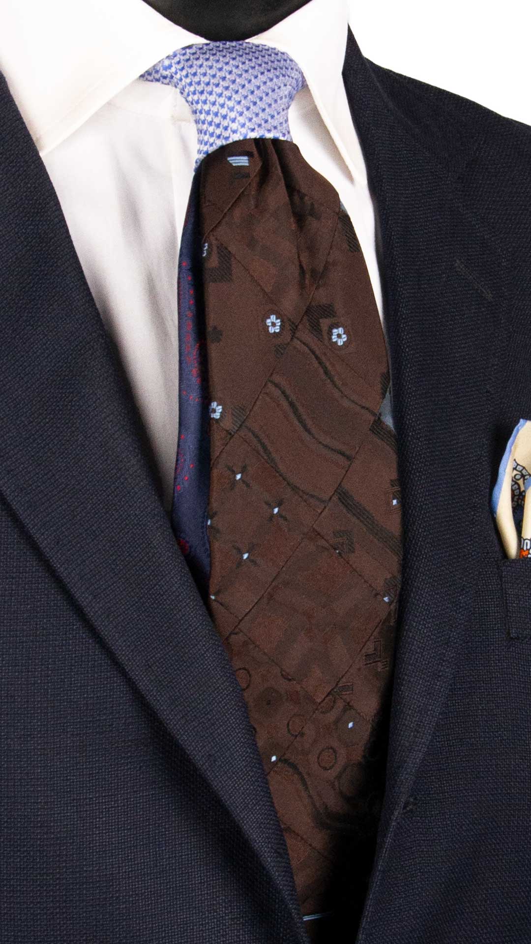 Cravatta-Mosaico-Patchwork-di-Seta-Marrone-Fantasia-Celeste- PM1059