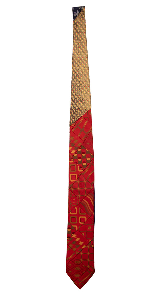 Cravatta Mosaico Patchwork di Seta Rosso Bordeaux Fantasia Verde Oliva Marrone Made in Italy Graffeo Cravatte Intera