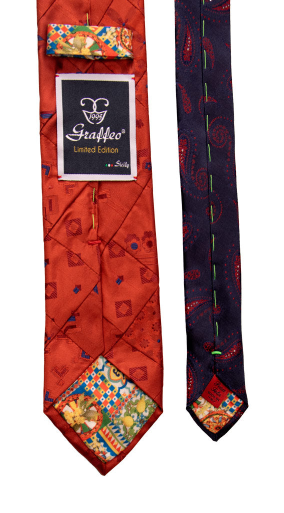 Cravatta Mosaico Patchwork di Seta Ruggine Fantasia Bluette Made in Italy Graffeo Cravatte Pala