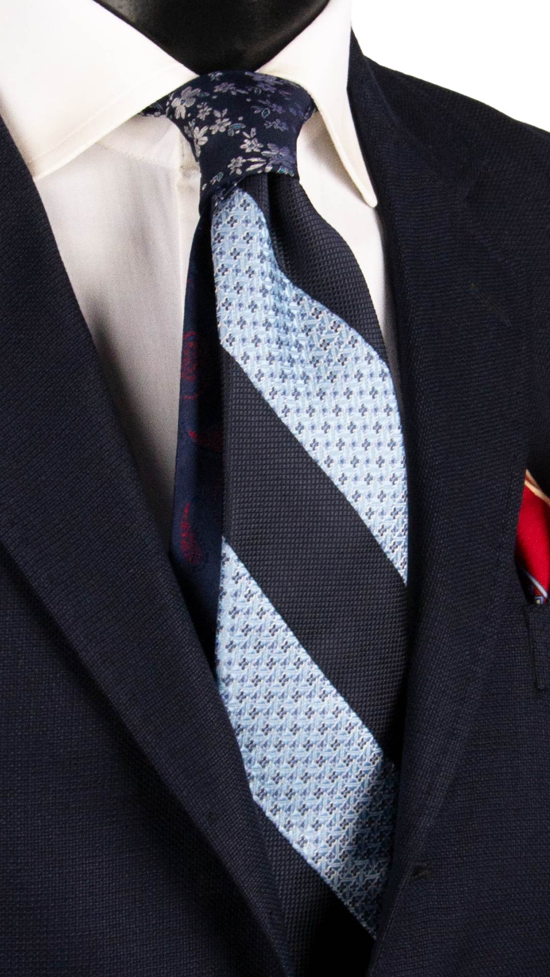 Cravatta Mosaico Vintage Patchwork Regimental di Seta Blu Fantasia Celeste Grigia PM1090 Graffeo Cravatte Made in Italy