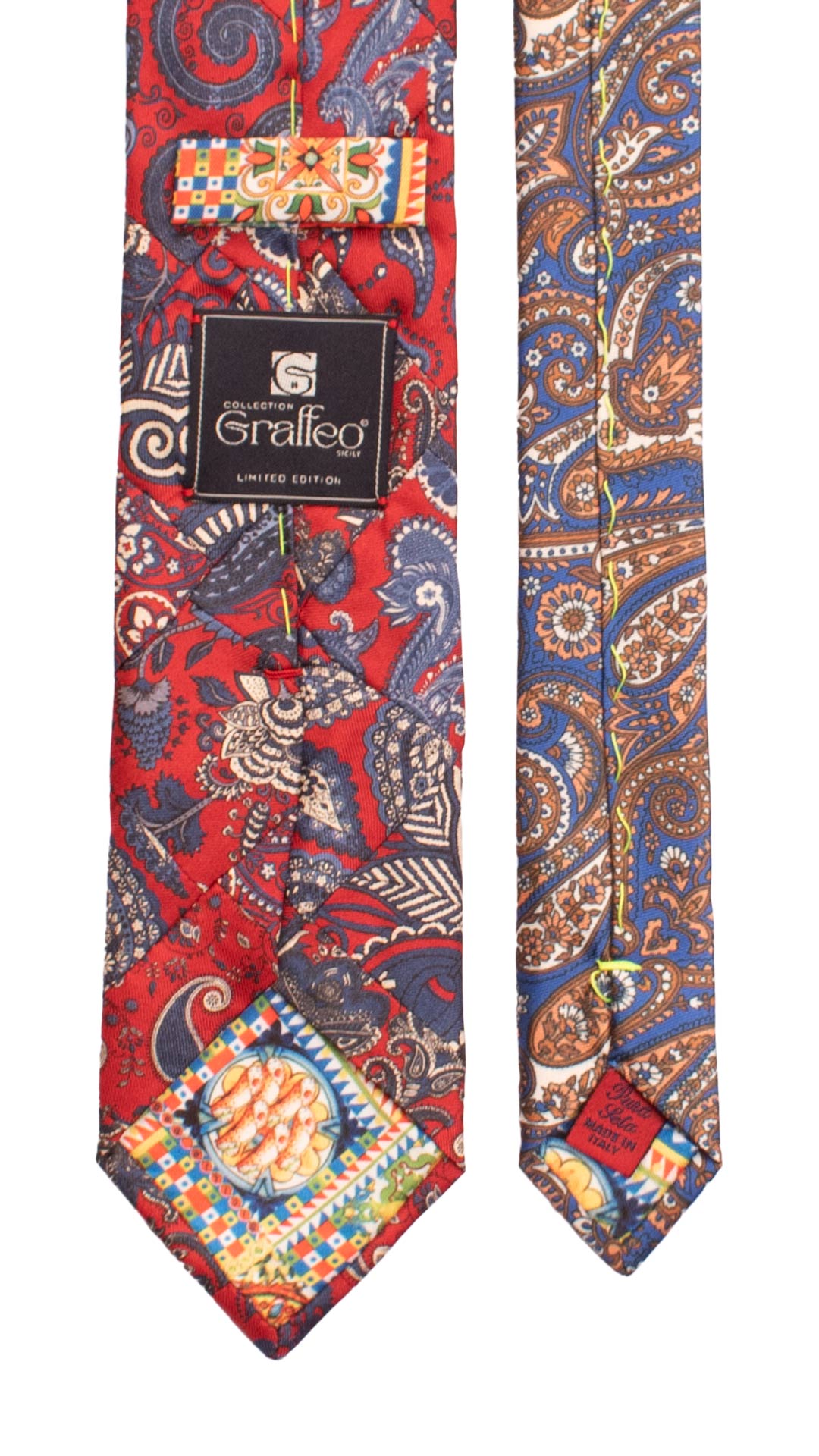 Cravatta Mosaico Vintage Patchwork Stampa di Seta Rossa Paisley Blu Avio Bianco PM1172 Graffeo Cravatte Made in Italy Pala