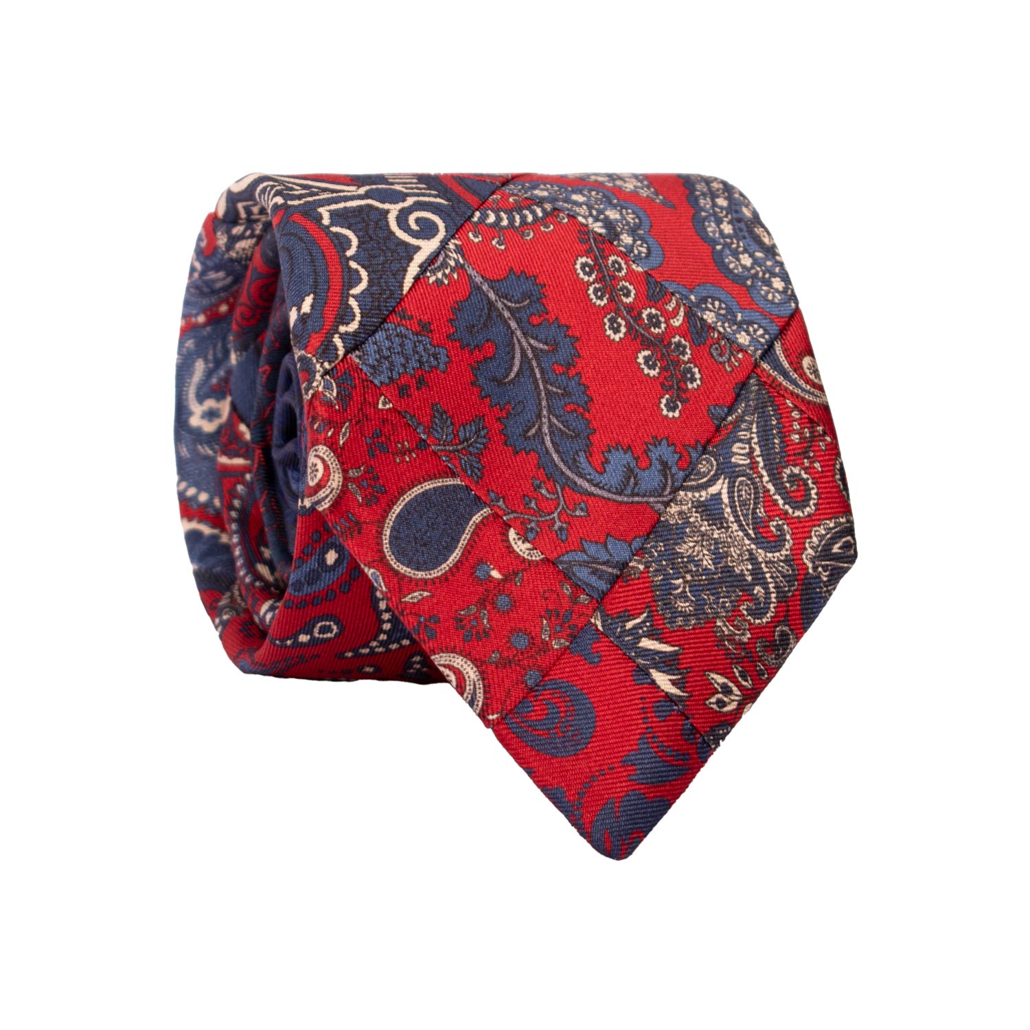 Cravatta Mosaico Vintage Patchwork Stampa di Seta Rossa Paisley Blu Avio Bianco PM1172 Graffeo Cravatte Made in Italy Rotolo
