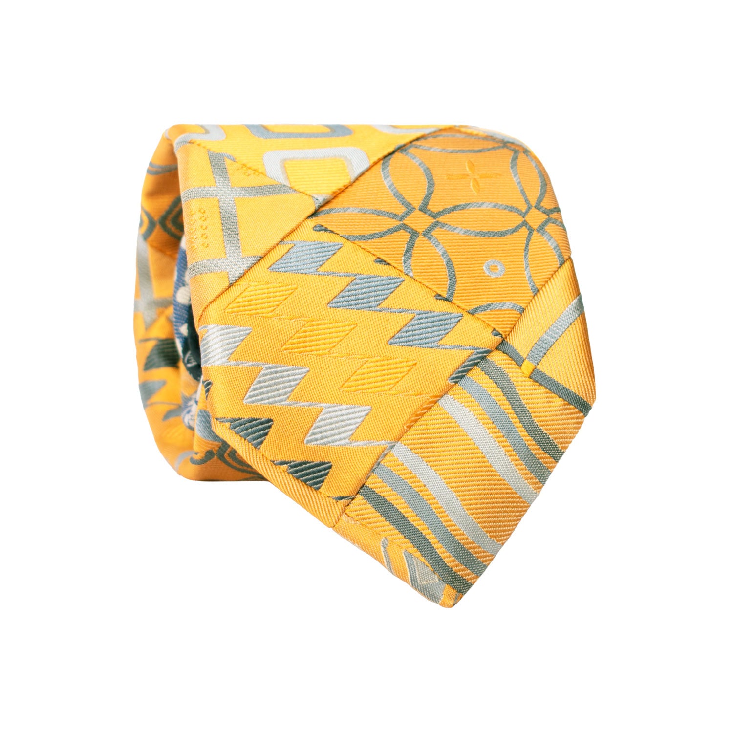 Cravatta Mosaico Vintage Patchwork di Seta Arancione Chiaro Fantasia Celeste Avio Bianca PM1177 Graffeo Cravatte Made in Italy Rotolo