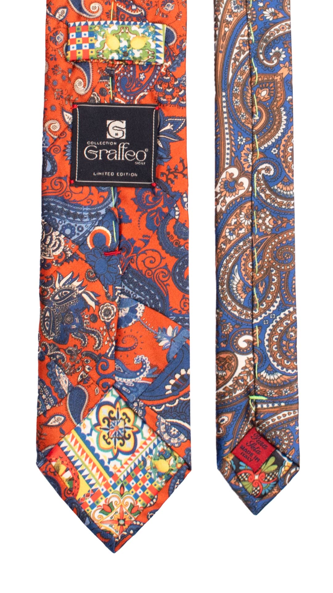 Cravatta Mosaico Vintage Patchwork di Seta Arancione Paisley Bianco Blu Celeste PM1230 Made in Italy Graffeo Cravatte Pala