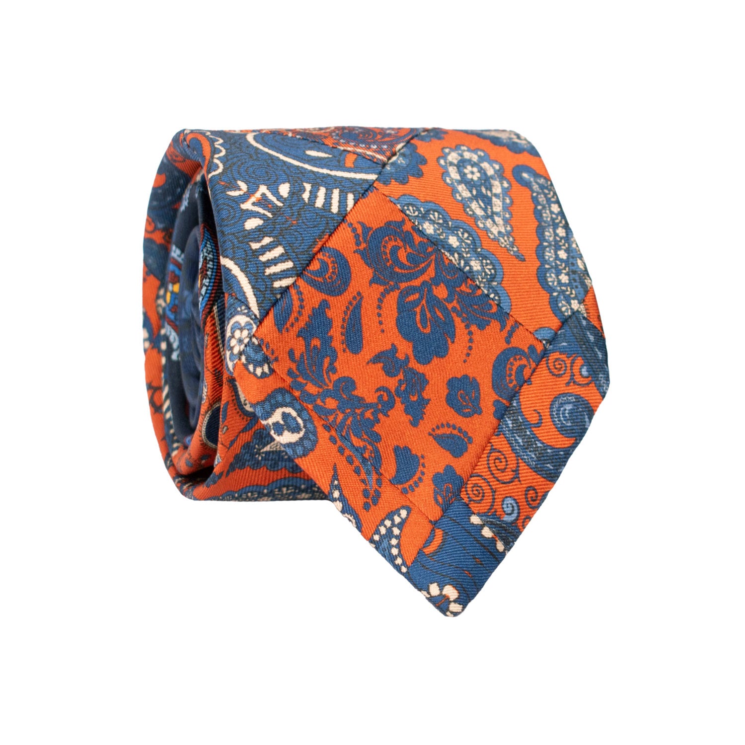 Cravatta Mosaico Vintage Patchwork di Seta Arancione Paisley Bianco Blu Celeste PM1230 Made in Italy Graffeo Cravatte Rotolo