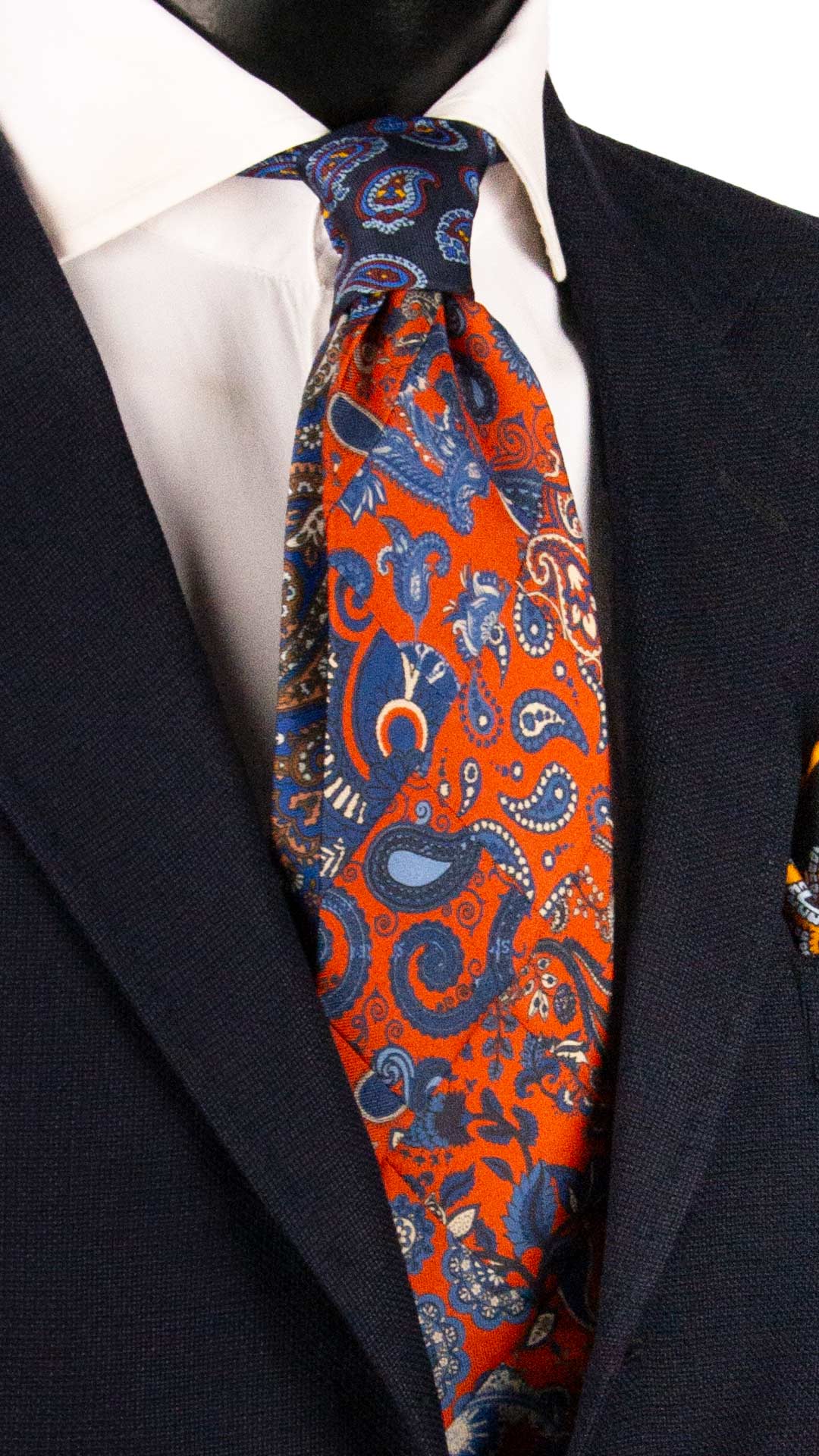 Cravatta Mosaico Vintage Patchwork di Seta Arancione Paisley Bianco Blu Celeste PM1230 Made in Italy Graffeo Cravatte