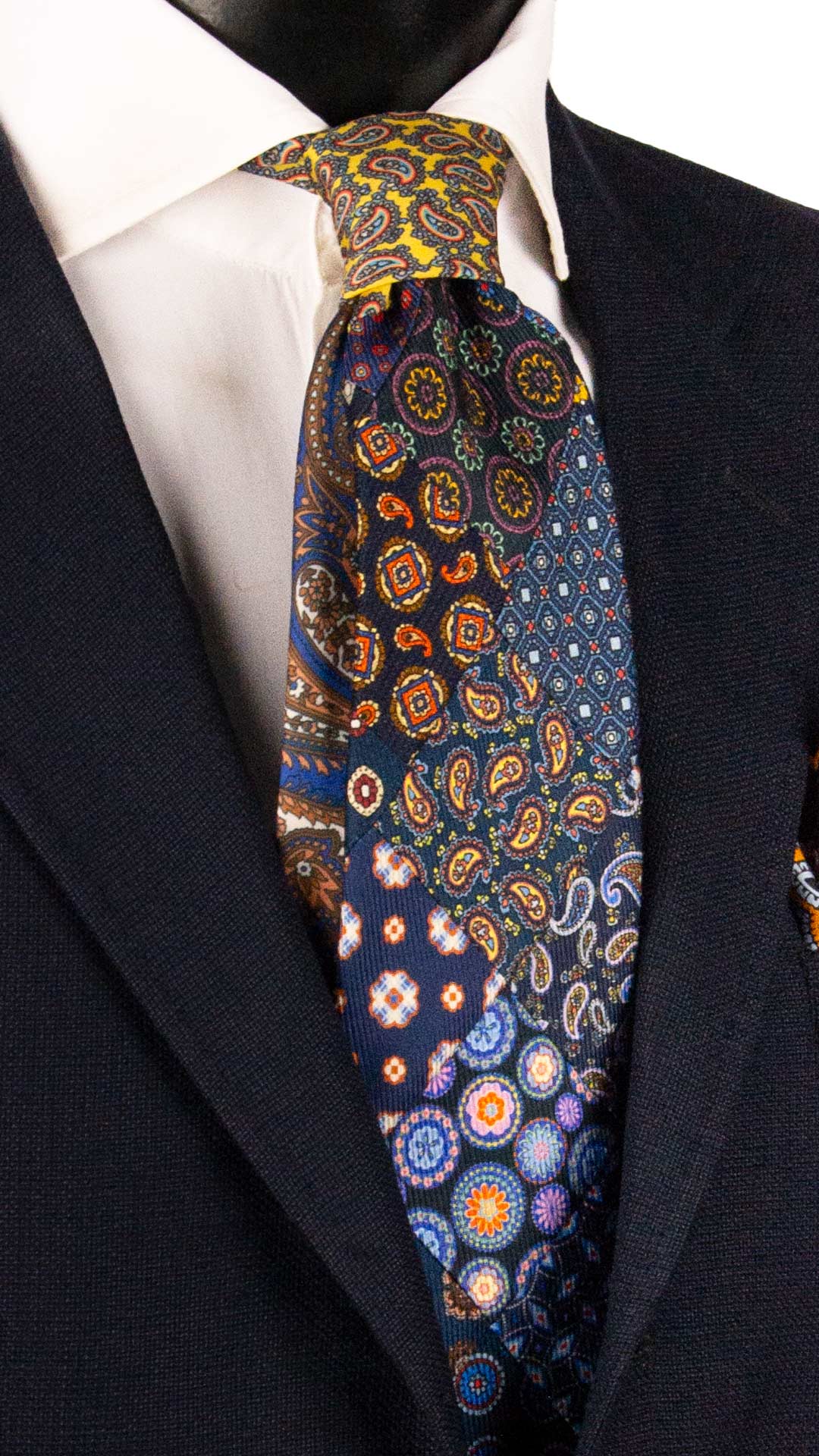 Cravatta Mosaico Vintage Patchwork di Seta Blu Fantasia Multicolor PM1198 Made in Italy Graffeo Cravatte