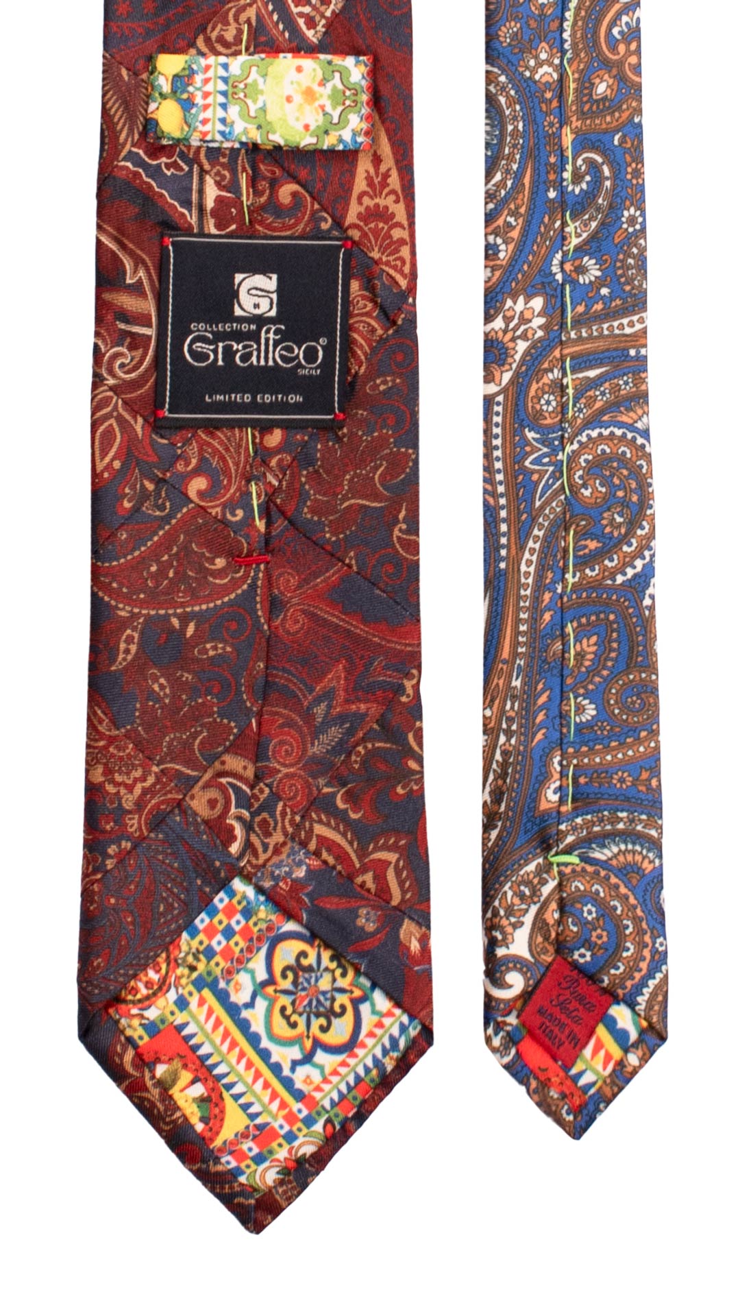 Cravatta Mosaico Vintage Patchwork di Seta Blu Paisley Bordeaux Beige PM1224 Made in Italy Graffeo Cravatte Pala