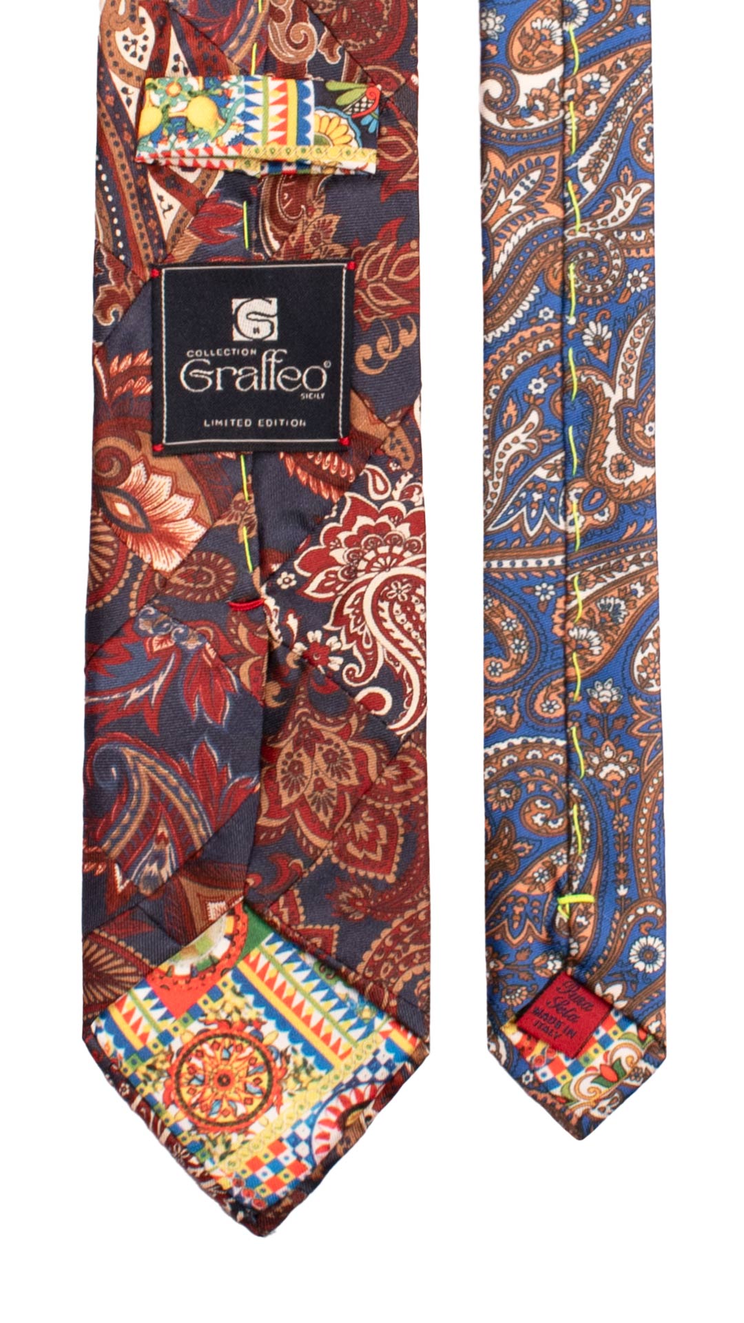 Cravatta Mosaico Vintage Patchwork di Seta Blu Paisley Bordeaux Beige PM1225 Made in Italy Graffeo Cravatte Pala