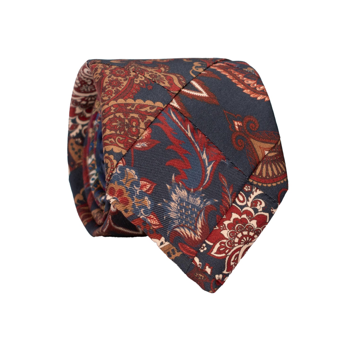 Cravatta Mosaico Vintage Patchwork di Seta Blu Paisley Bordeaux Beige PM1225 Made in Italy Graffeo Cravatte Rotolo