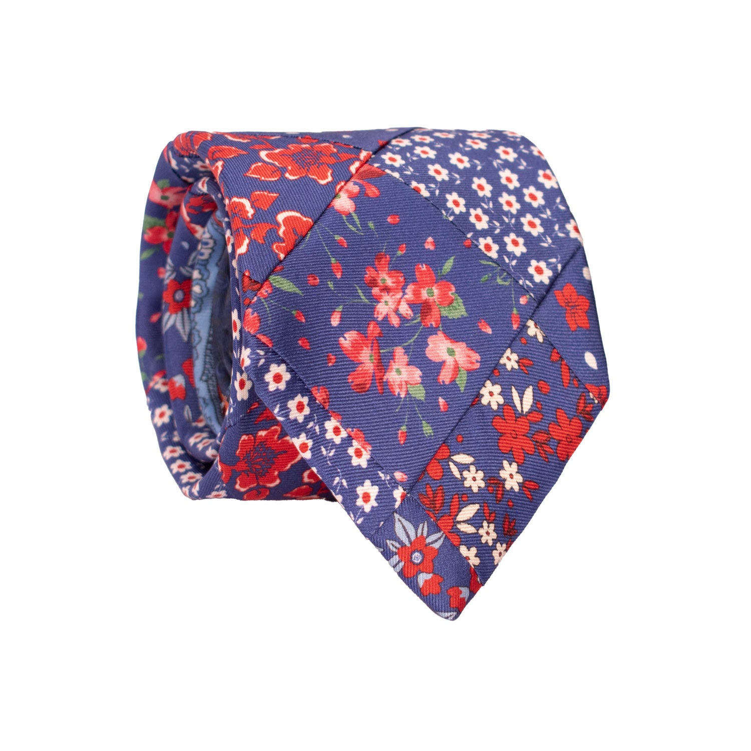 Cravatta Mosaico Vintage Patchwork di Seta Bluette a Fiori Rosso Bianco Celeste PM1219 Made in Italy Graffeo Cravatte Rotolo