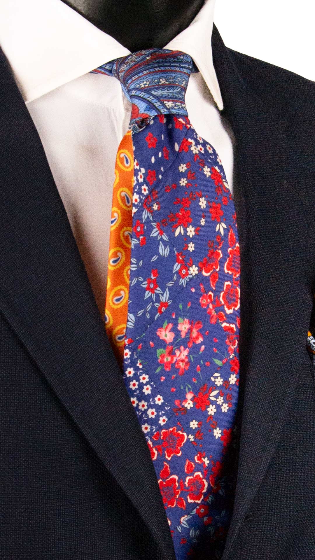 Cravatta Mosaico Vintage Patchwork di Seta Bluette a Fiori Rosso Bianco Celeste PM1219 Made in Italy Graffeo Cravatte