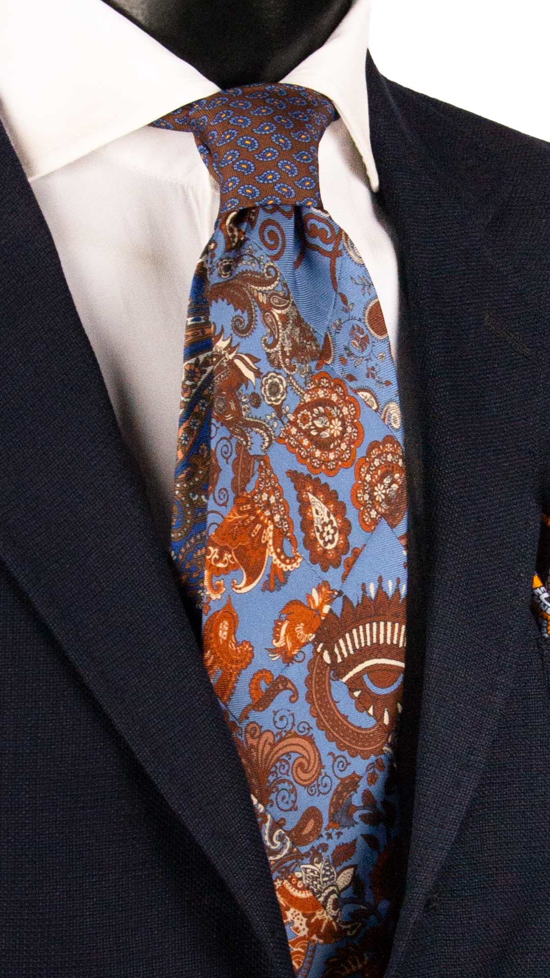 Cravatta Mosaico Vintage Patchwork di Seta Celeste Paisley Marrone Bianco PM1222 Made in Italy Graffeo Cravatte