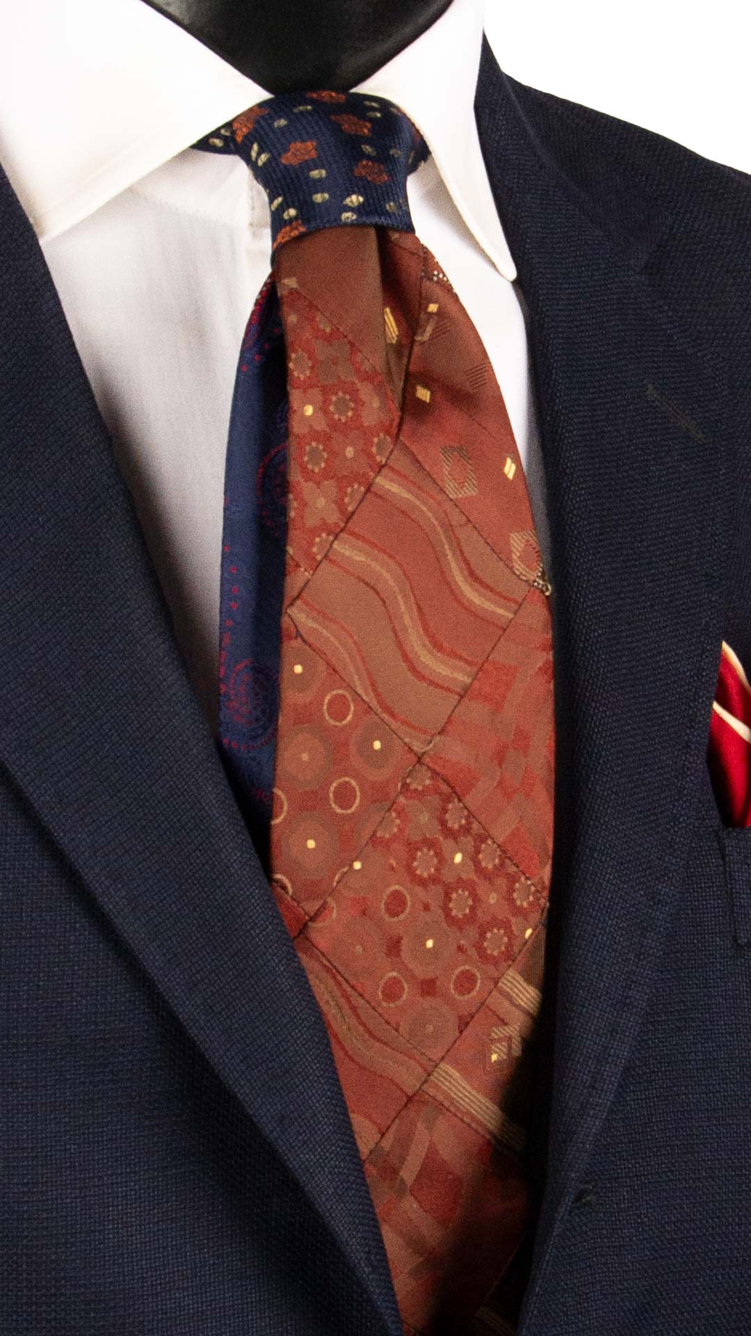 Cravatta Mosaico Vintage Patchwork di Seta Color Mogano Fantasia Gialla Blu PM1161 Graffeo Cravatte Made in Italy