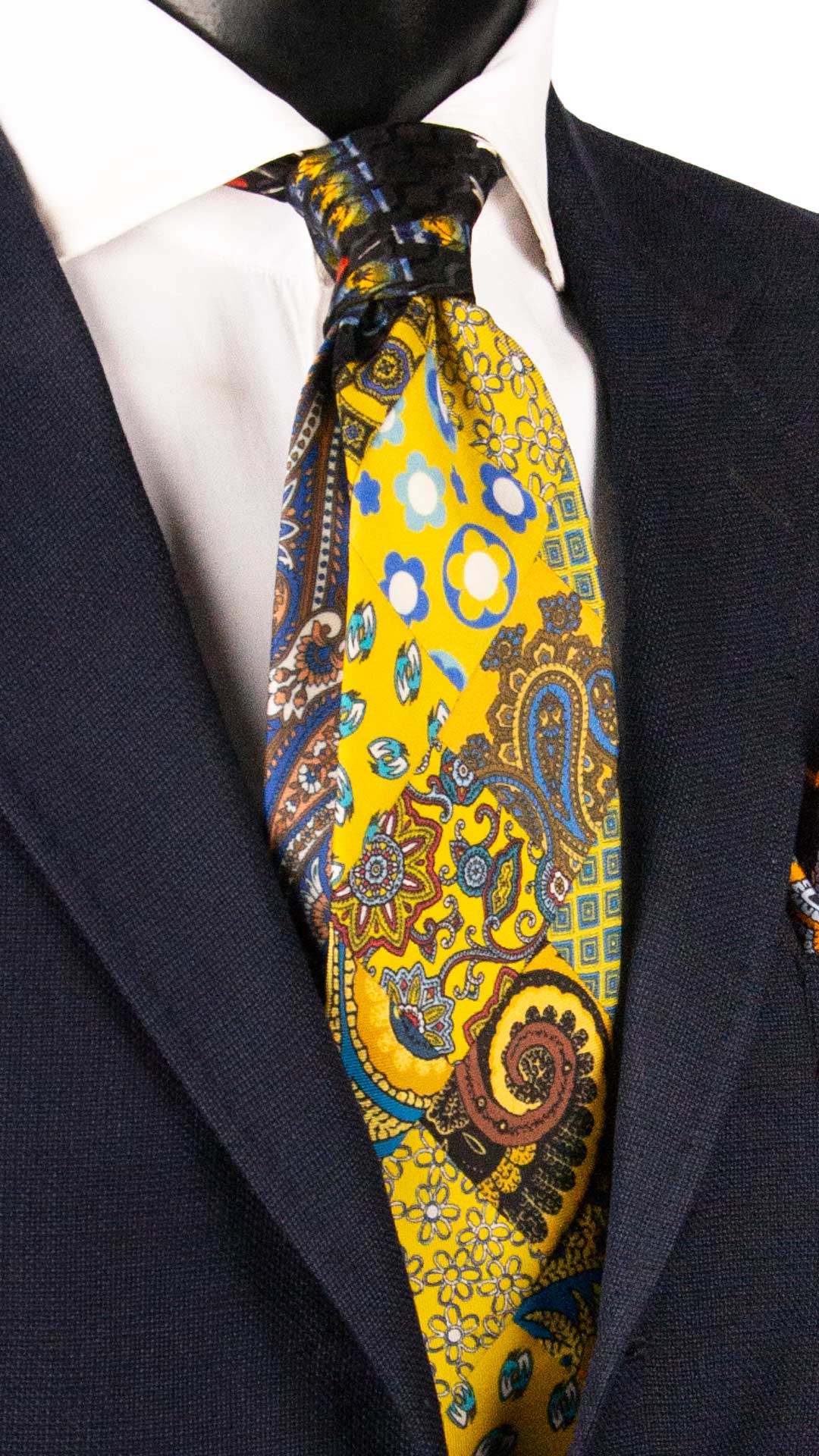 Cravatta Mosaico Vintage Patchwork di Seta Gialla Fantasia Celeste Bianco Marrone PM1231 Made in Italy Graffeo Cravatte