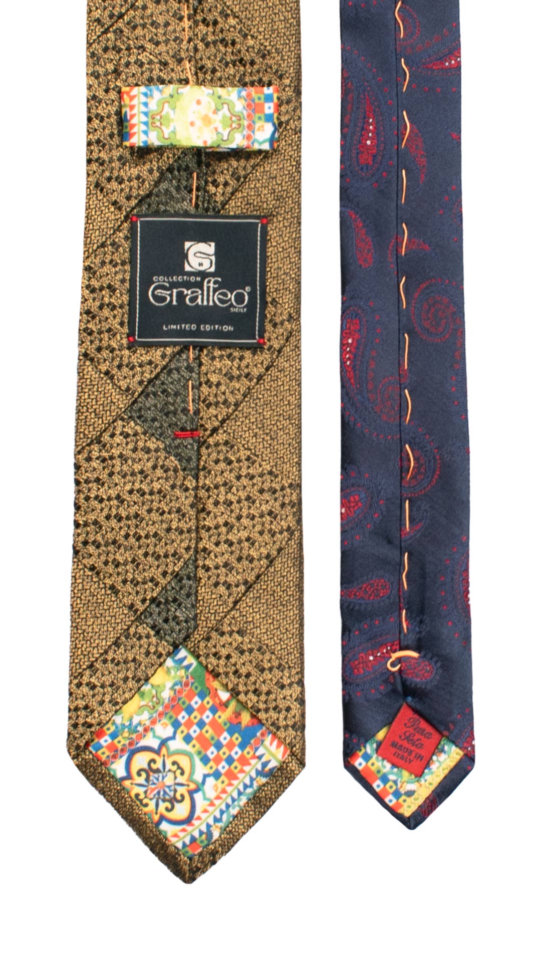 Cravatta Mosaico Vintage Patchwork di Seta Giallo Oro Fantasia Nera Rossa PM1159 Graffeo Cravatte Made in Italy Pala