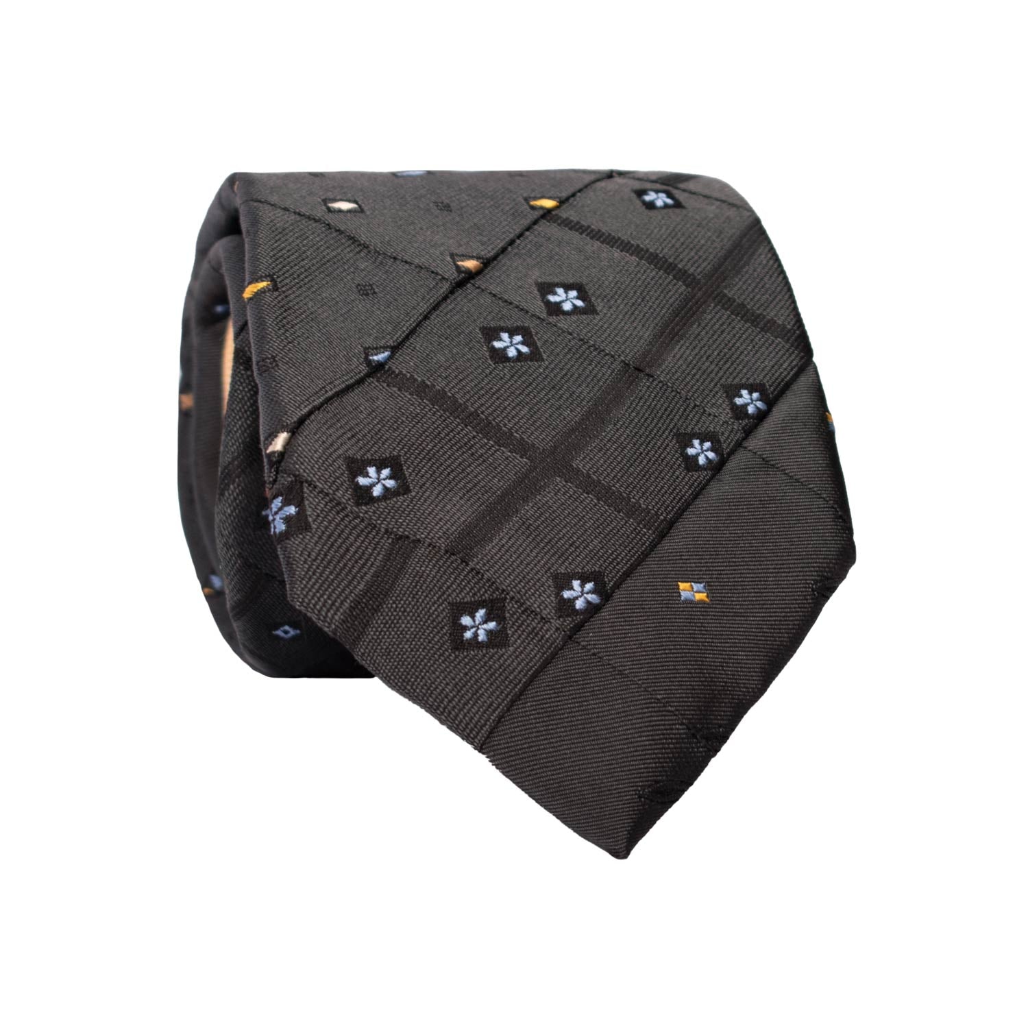 Cravatta Mosaico Vintage Patchwork di Seta Grigia Fantasia Gialla Celeste Beige PM1123 Graffeo Cravatte Made in Italy Rotolo