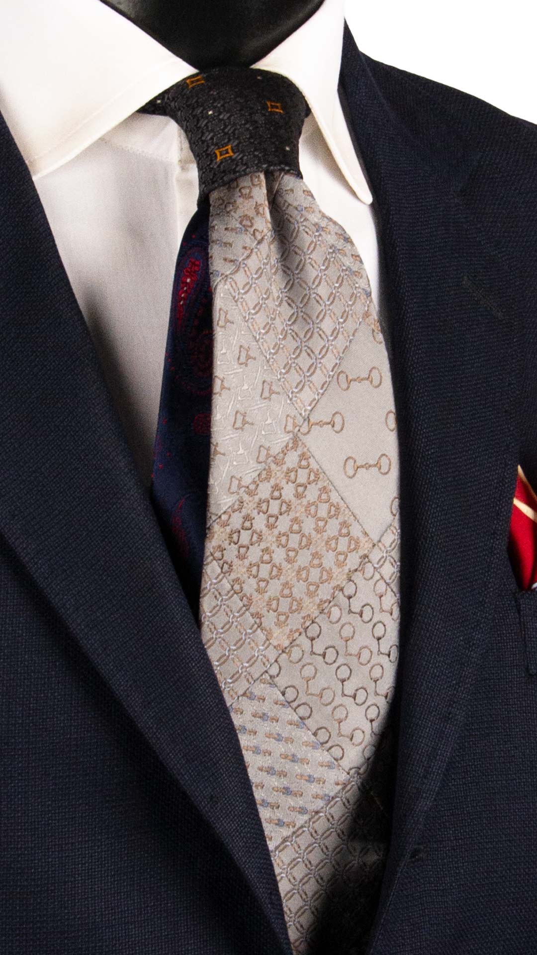 Cravatta Mosaico Vintage Patchwork di Seta Grigia Fantasia Marrone Ruggine Celeste PM1133 Graffeo Cravatte Made in Italy