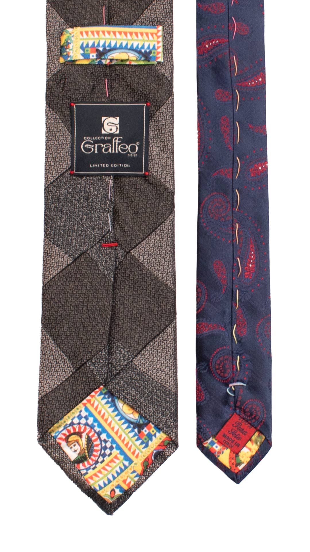 Cravatta Mosaico Vintage Patchwork di Seta Grigia Paisley Blu Avio PM1160 Graffeo Cravatte Made in Italy Pala