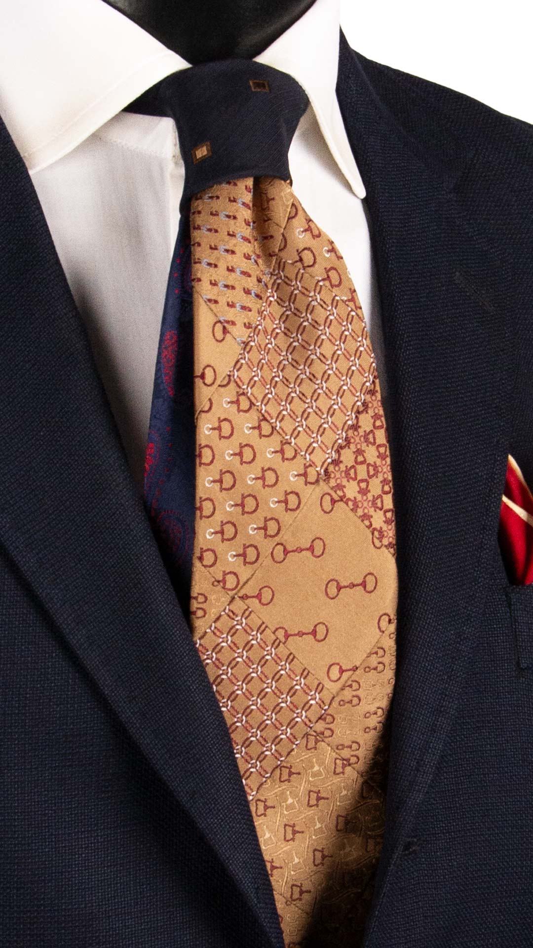 Cravatta Mosaico Vintage Patchwork di Seta Marrone Chiaro Fantasia Bordeaux Bianca Blu PM1151 Graffeo Cravatte Made in Italy