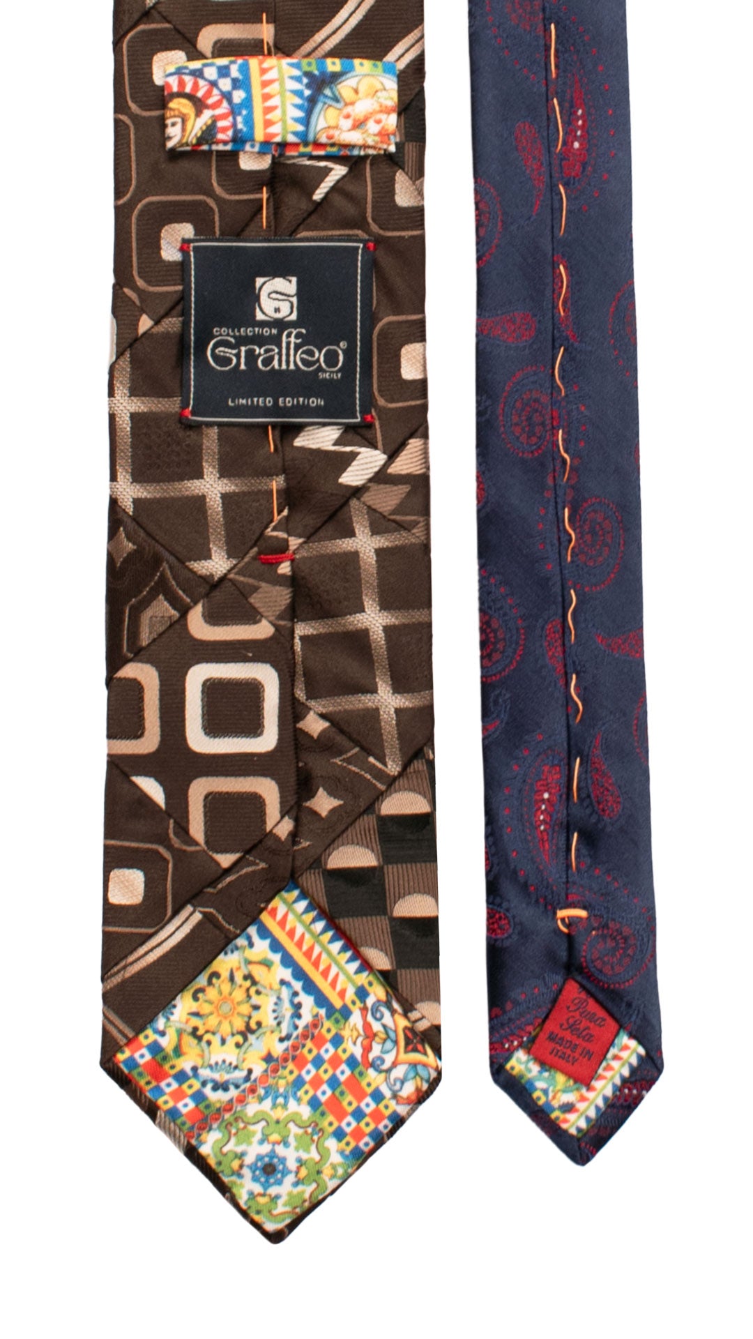 Cravatta Mosaico Vintage Patchwork di Seta Marrone Fantasia Beige PM1082 Graffeo Cravatte Made in Italy Pala