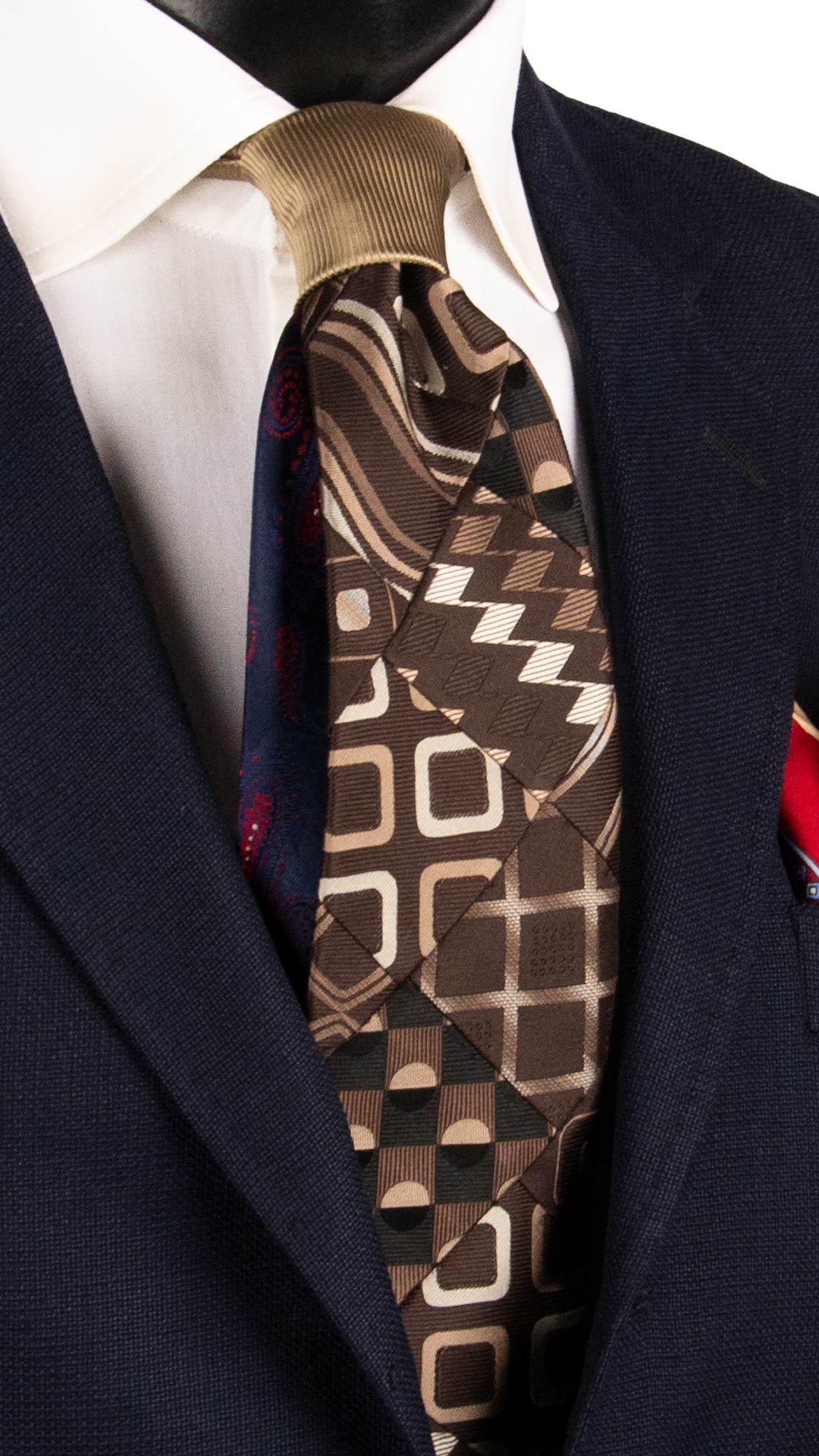 Cravatta Mosaico Vintage Patchwork di Seta Marrone Fantasia Beige PM1082 Graffeo Cravatte Made in Italy