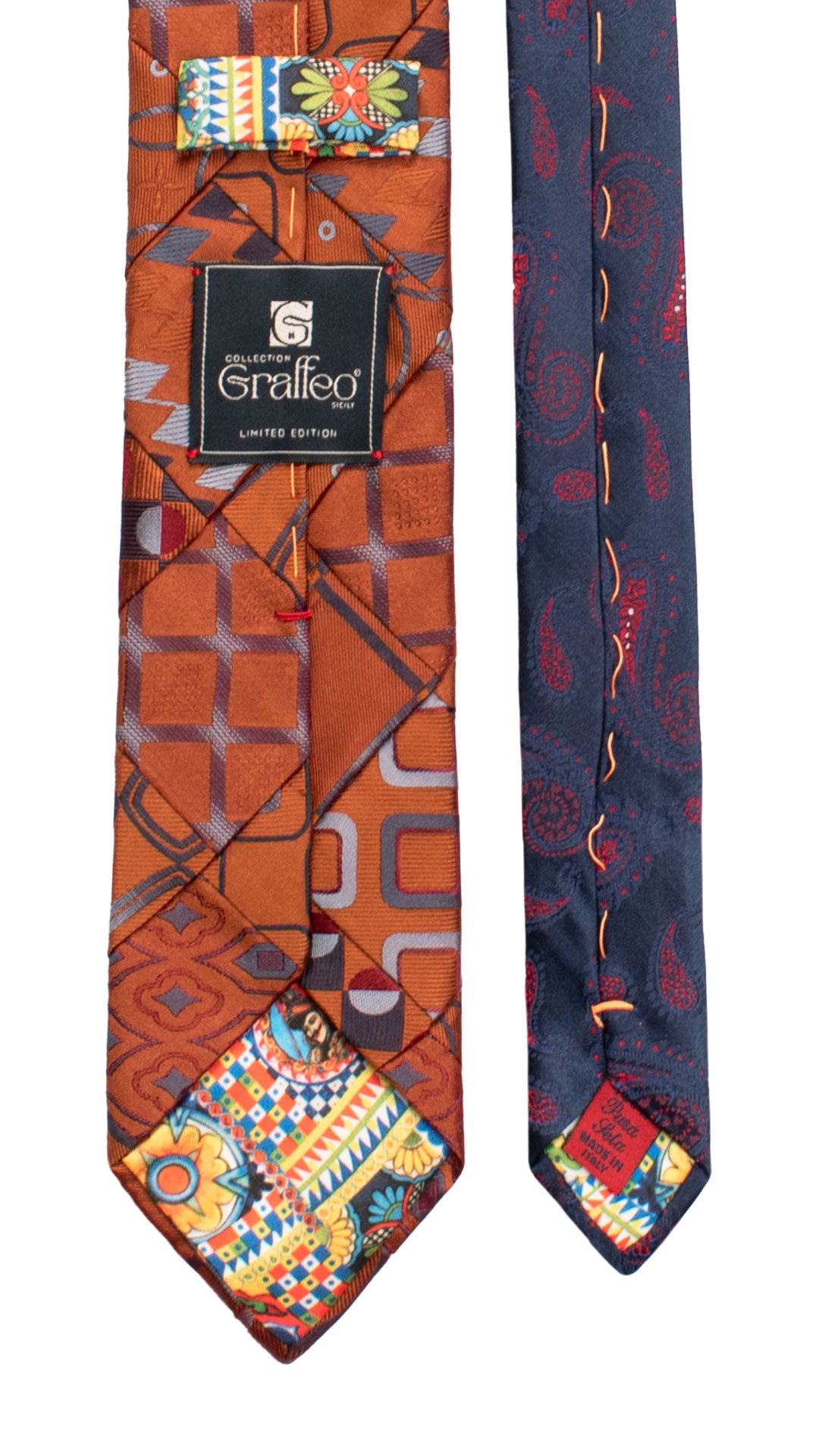 Cravatta Mosaico Vintage Patchwork di Seta Marrone Fantasia Bluette Bordeaux Blu Avio PM1179 Graffeo Cravatte Made in Italy Pala