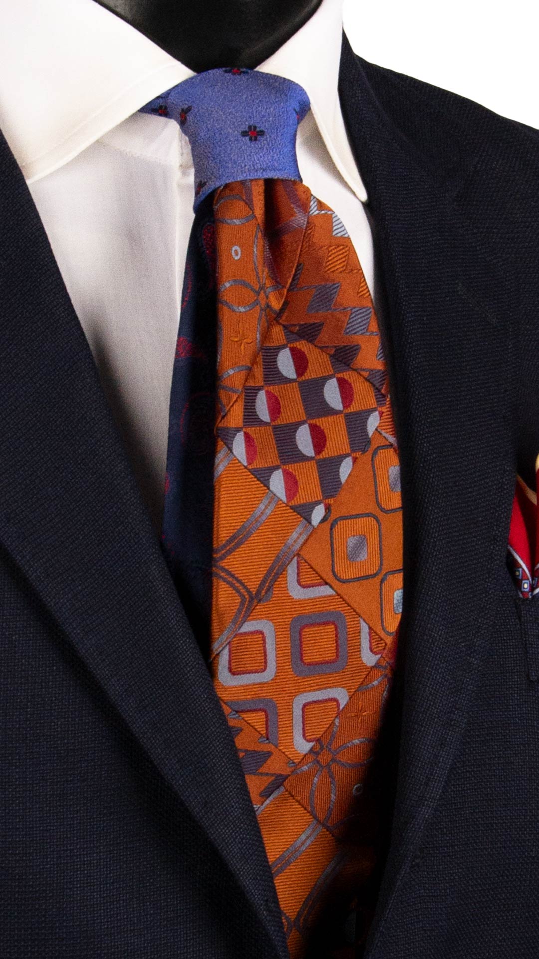 Cravatta Mosaico Vintage Patchwork di Seta Marrone Fantasia Bluette Bordeaux Blu Avio PM1179 Graffeo Cravatte Made in Italy