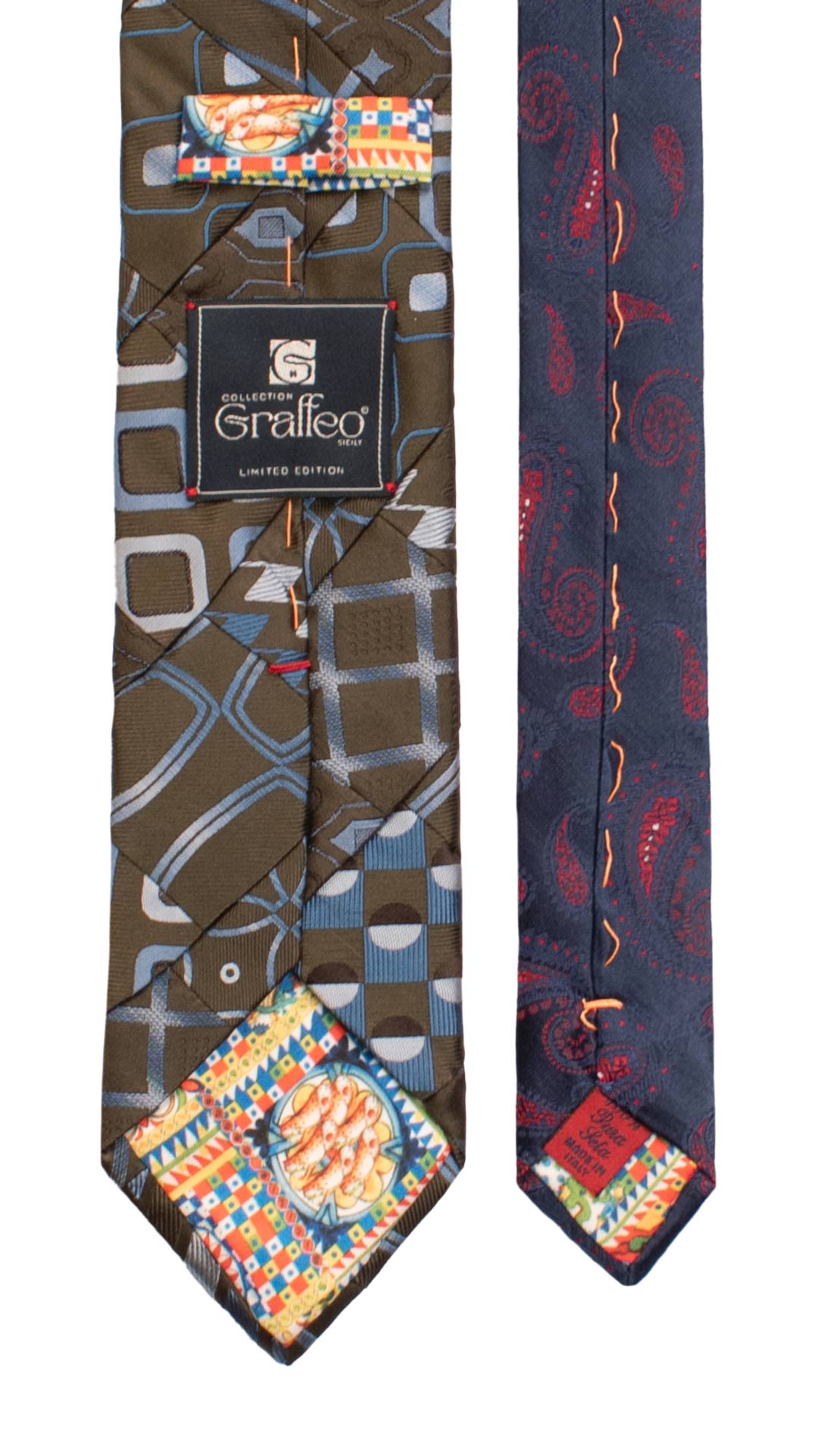 Cravatta Mosaico Vintage Patchwork di Seta Marrone Fantasia Celeste Azzurra PM1144 Graffeo Cravatte Made in Italy Pala