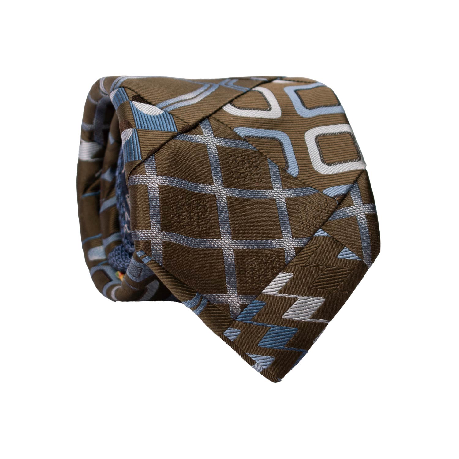 Cravatta Mosaico Vintage Patchwork di Seta Marrone Fantasia Celeste Azzurra PM1144 Graffeo Cravatte Made in Italy Rotolo