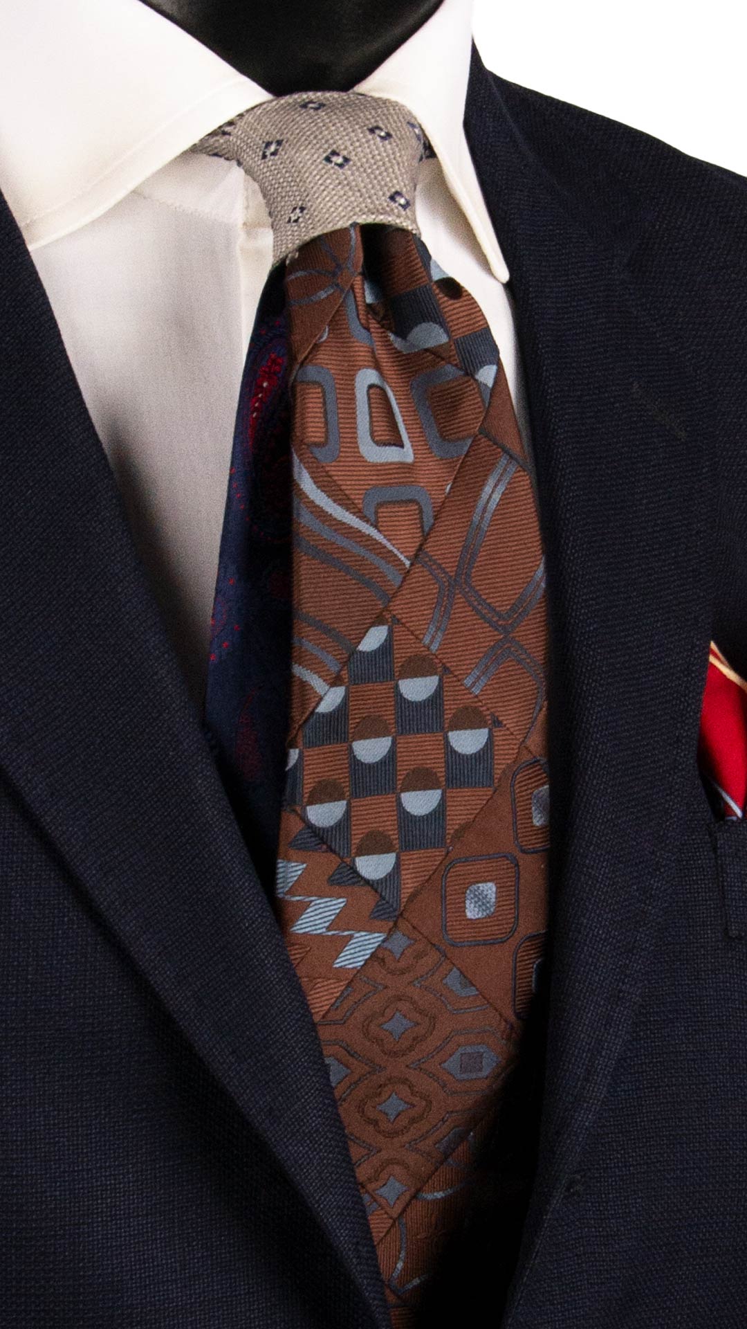 Cravatta Mosaico Vintage Patchwork di Seta Marrone Fantasia Grigia Blu Celeste PM1095 Graffeo Cravatte Made in Italy