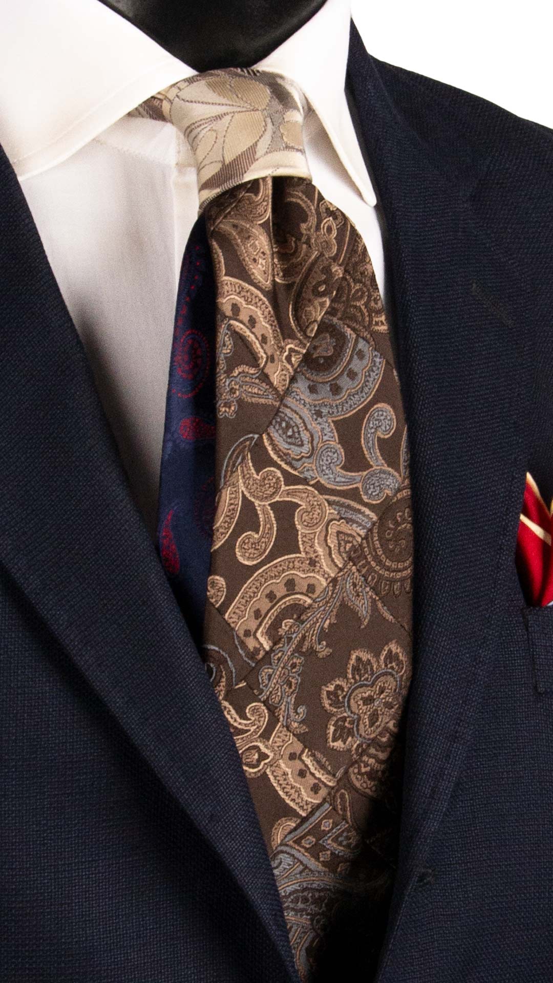 Cravatta Mosaico Vintage Patchwork di Seta Marrone Paisley Beige Grigio PM1147 Graffeo Cravatte Made in Italy