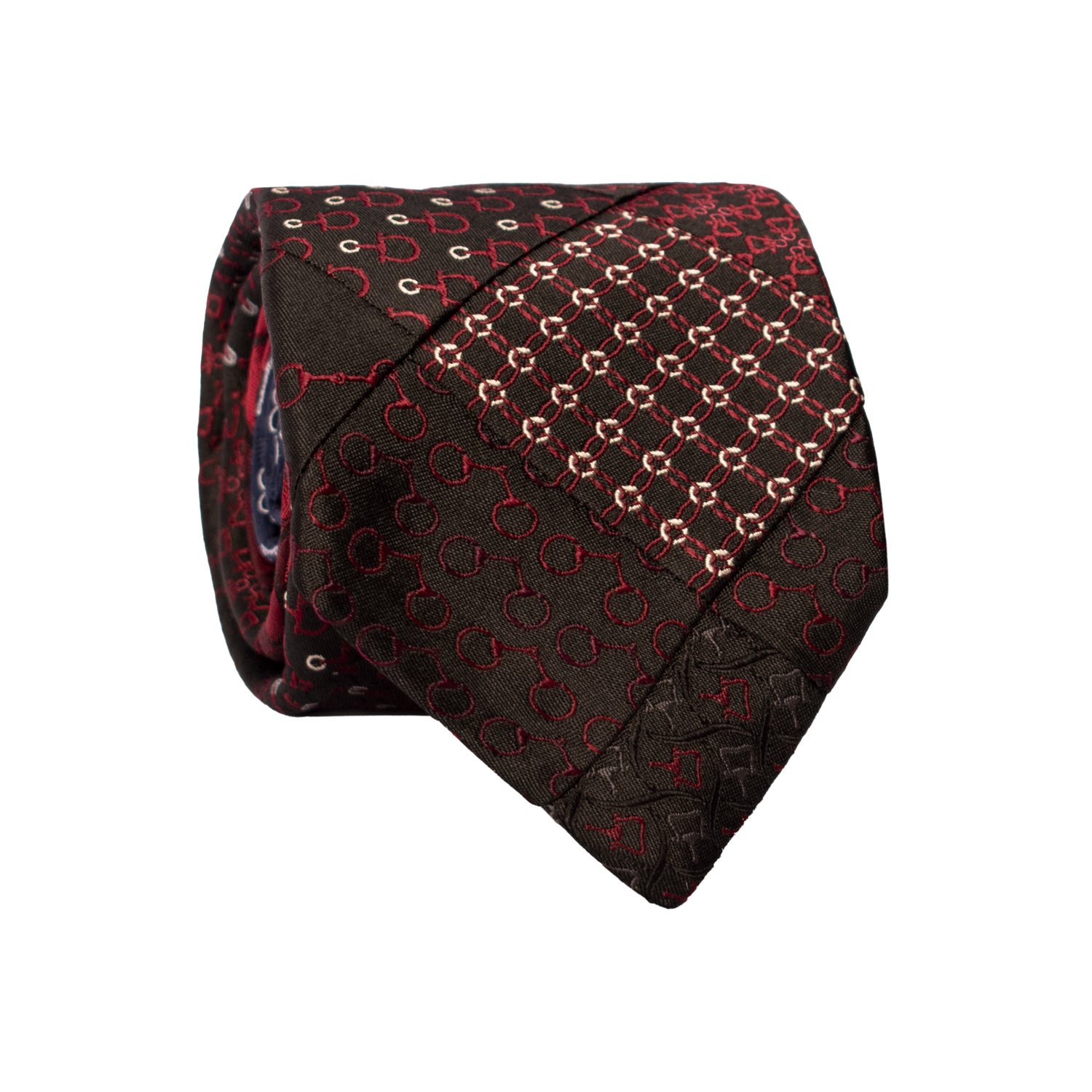 Cravatta Mosaico Vintage Patchwork di Seta Nera Fantasia Bordeaux Bianca PM1081 Graffeo Cravatte Made in Italy Rotolo