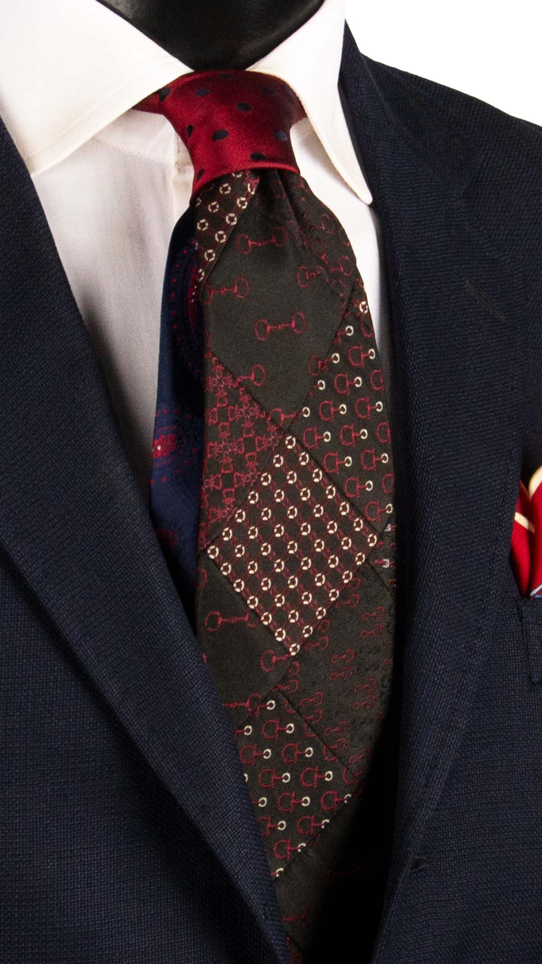 Cravatta Mosaico Vintage Patchwork di Seta Nera Fantasia Borgogna Bianca PM1136 Graffeo Cravatte Made in Italy