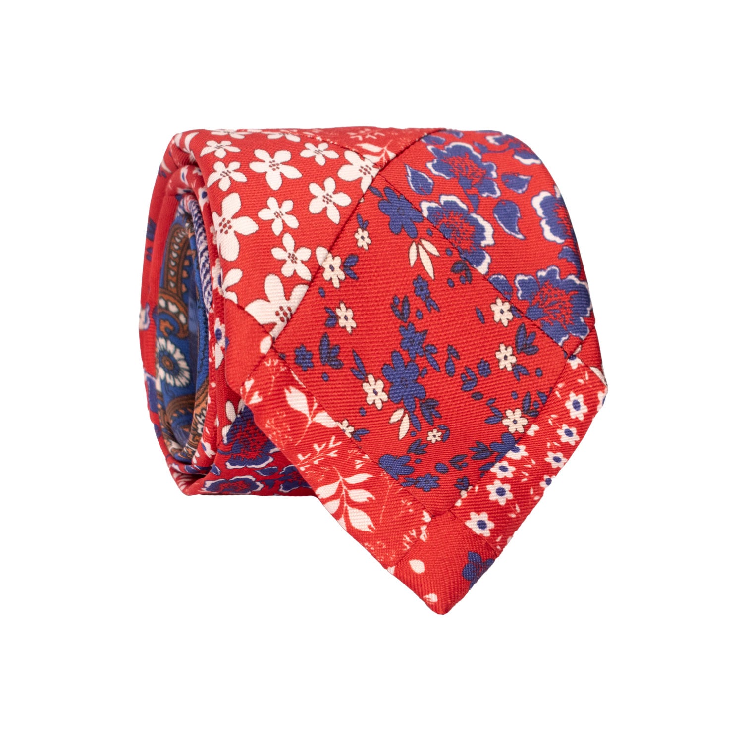 Cravatta Mosaico Vintage Patchwork di Seta Rossa a Fiori Bianco Bluette PM1229 Made in Italy Graffeo Cravatte Rotolo