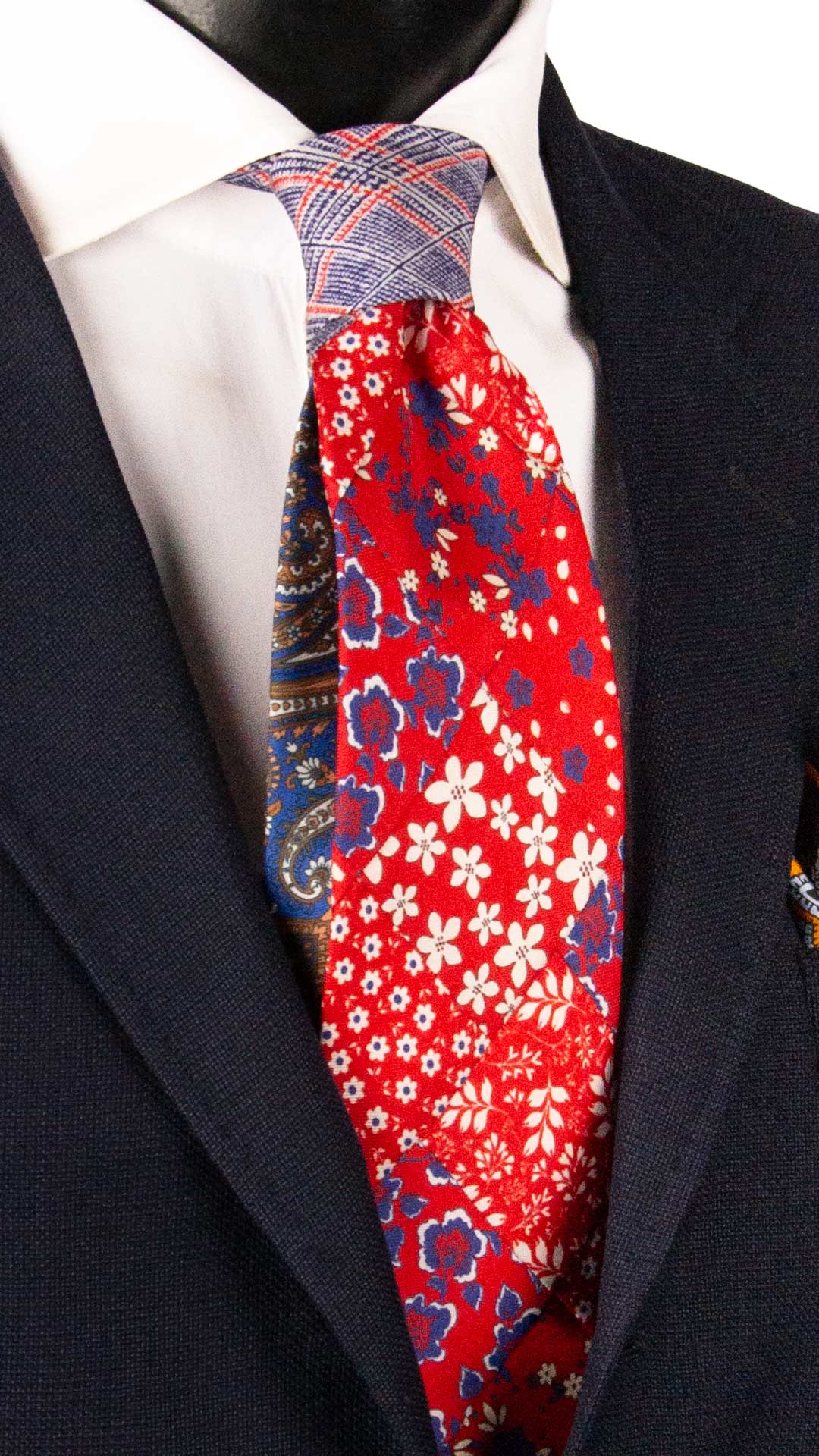 Cravatta Mosaico Vintage Patchwork di Seta Rossa a Fiori Bianco Bluette PM1229 Made in Italy Graffeo Cravatte