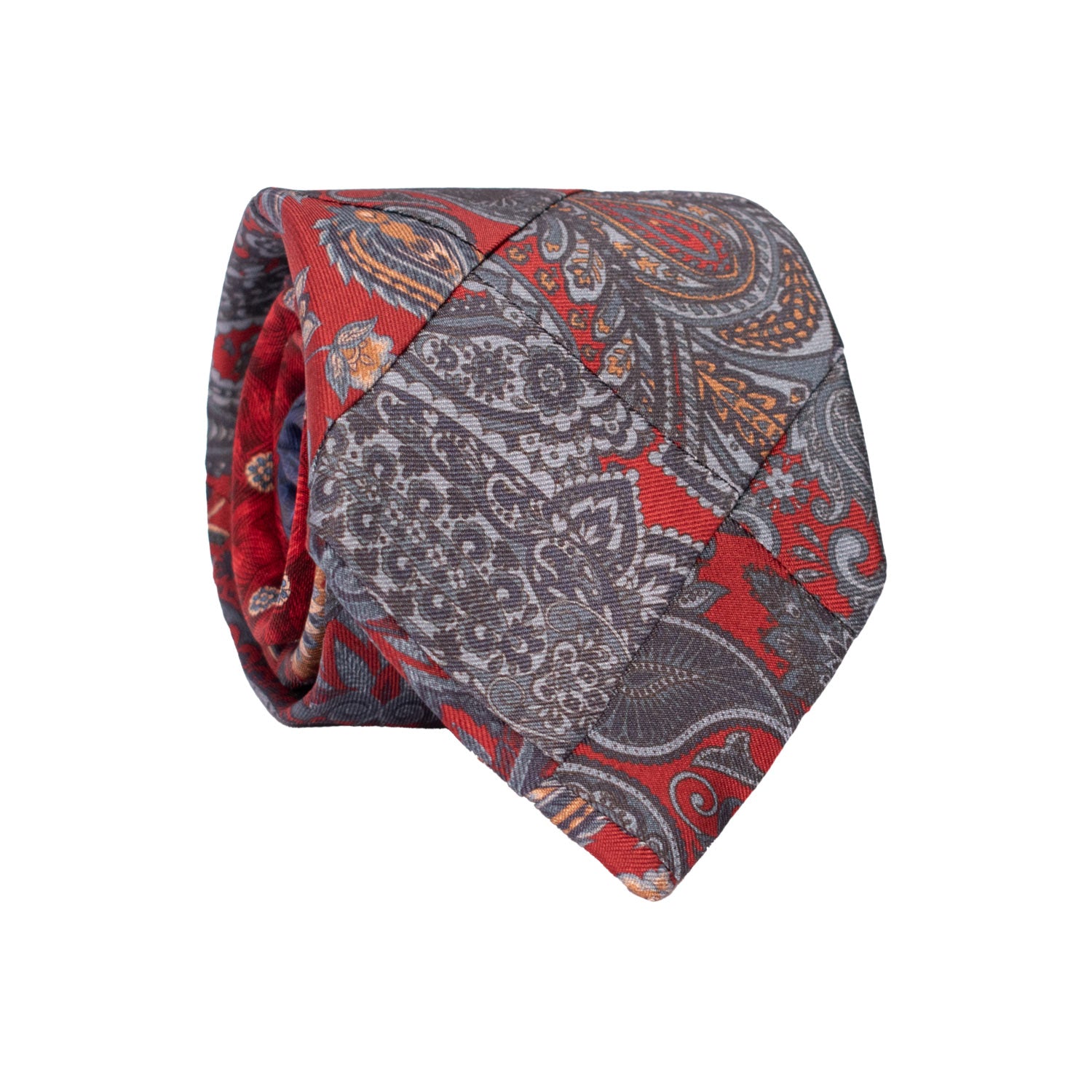 Cravatta Mosaico Vintage Patchwork di Seta Rosso Bordeaux Paisley Ceruleo Beige PM1227 Made in Italy Graffeo Cravatte Rotolo