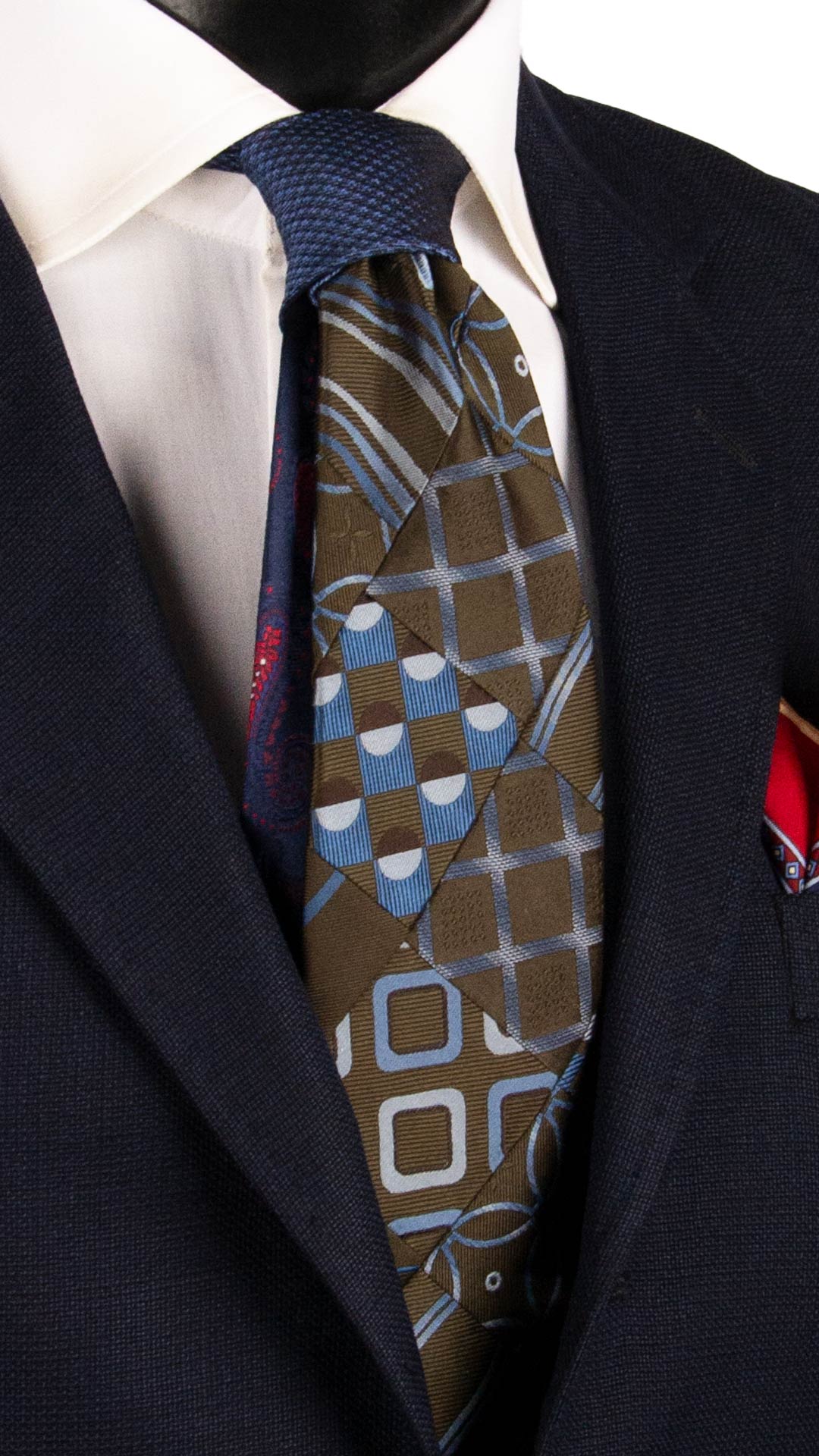 Cravatta Mosaico Vintage Patchwork di Seta Verde Scuro Fantasia Bluette Celeste Grigia PM1180 Graffeo Cravatte Made in Italy