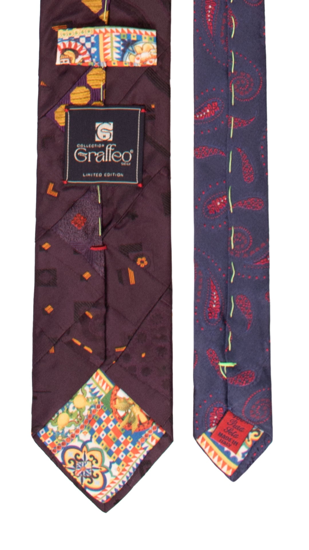 Cravatta Mosaico Vintage Patchwork di Seta Viola Fantasia Arancione PM1145 Graffeo Cravatte Made in Italy Pala