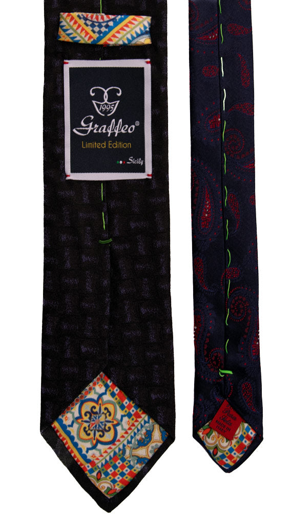 Cravatta Nera Fantasia Viola Nodo in Contrasto Principe di Galles Viola Bianco Made in Italy Graffeo Cravatte Pala